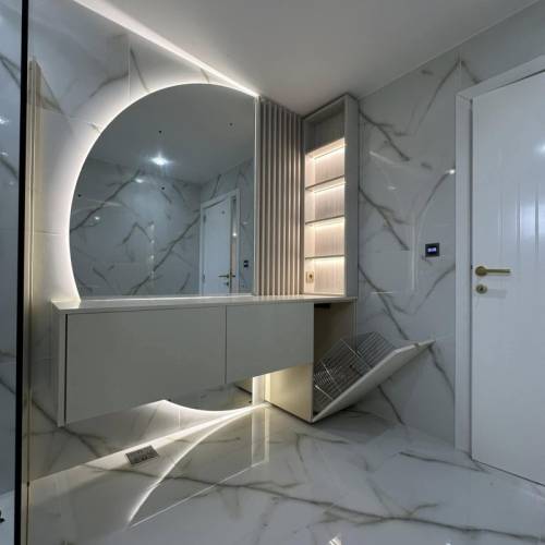 mobila baie moderna cu spatii de depozitare si led bond romania	