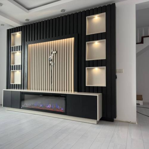 mobila living cu led si semineu 