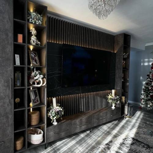 Mobilier living modern: loc TV cu LED-uri, depozitare deschisă și noptiere