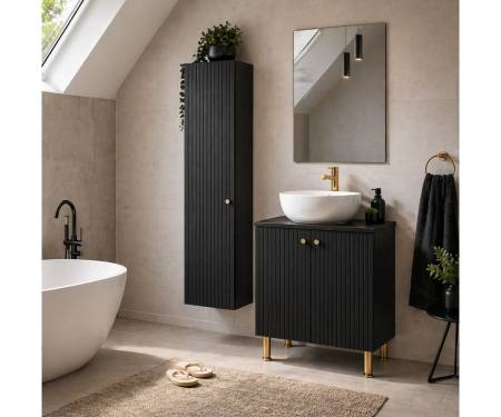 Dulap baie B1, PAL-MDF riflat, negru-auriu